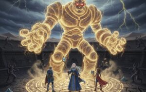 ガナサダイが召喚する異界獣と将軍の戦闘シーン