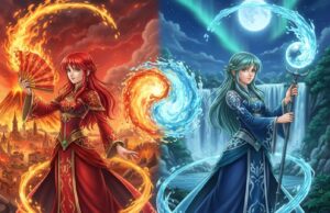 火と水を象徴する色調で描かれたマーニャとミネアのアート