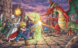 ドラクエ10の戦闘シーン。アタッカーが攻撃、僧侶が回復、戦士が壁役