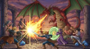 ドラクエ10のパーティ編成例。戦士が前衛、僧侶が回復、天地が支援