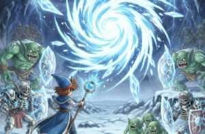 ドラクエIVの世界観で、敵のグループに氷属性の呪文「ヒャダイン」を放つ日本人魔法使いの女性。彼女の魔法が複数のモンスターにダメージを与えている様子が描かれており、グループ攻撃の戦術的な変化を表現している