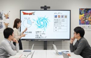ゲーム開発会議で、ホワイトボードを前に魔法のバランス調整について議論する日本人開発者たち。彼らが「ヒャダイン」の中位魔法としての設計意図や戦略的価値について話し合っている様子が描かれている。