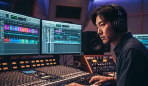 音楽スタジオで作曲に取り組む日本人音楽プロデューサー。ヘッドホンを装着し、キーボードの前で集中して作業しており、「ヒャダイン」の音楽的なリズム構造や語感の快楽を表現する創造的なプロセスを象徴している。