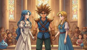 ドラゴンクエスト5の「花嫁選び」をテーマに、2人の女性の間で悩む主人公のイメージ