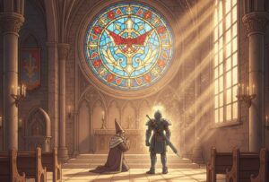 ドラクエ 教会の内部で祈る神父と勇者。光に包まれた祈りの空間が、癒やしと再生を象徴している。