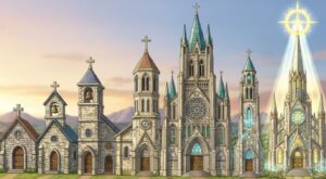 ドラクエ 教会の進化比較。十字架から光輪へと変化したデザインと、シリーズごとの祈りの機能の違いを示す。