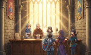 ドラクエ 教会の神父とシスターが勇者を迎える場面。優しさと導きの象徴として描かれている。