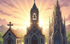ドラクエ 教会のデザイン進化。十字架から光のシンボルへ移行する過程を示す象徴的な画像。
