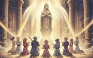ドラクエ 教会の女神像と祈る人々。宗教色を排した中立的信仰と光の象徴を表現したシーン。