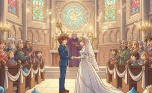 ドラクエ 教会で行われる結婚式の名場面。鐘の音と祈りの光が希望と愛を象徴する。