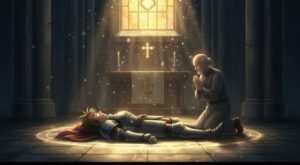 ドラクエ 教会で蘇る勇者。全滅から復活へとつながる優しい再生のデザインを象徴している。