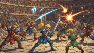 ドラクエ チャンピオンズの乱戦バトルシーン。3チームが同時に戦う勇者武闘大会。