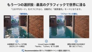 画質優先モードにおけるUnreal Engine 5のNaniteとLumen技術による、リアルな光の反射や建物の質感を示したゲーム画面