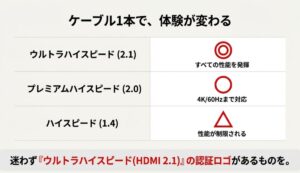 HDMIケーブルのバージョン(2.1、2.0、1.4)ごとの帯域幅とSwitch2での推奨度をまとめた比較表。