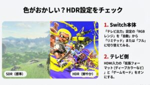Switch2のSDR(標準)とHDR(鮮やか)の画質比較イメージと、色が変な場合の本体およびテレビの設定変更手順。