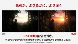 明るい部分と暗い部分の表現が豊かなHDR対応映像と、従来のSDR映像の色鮮やかさの比較。