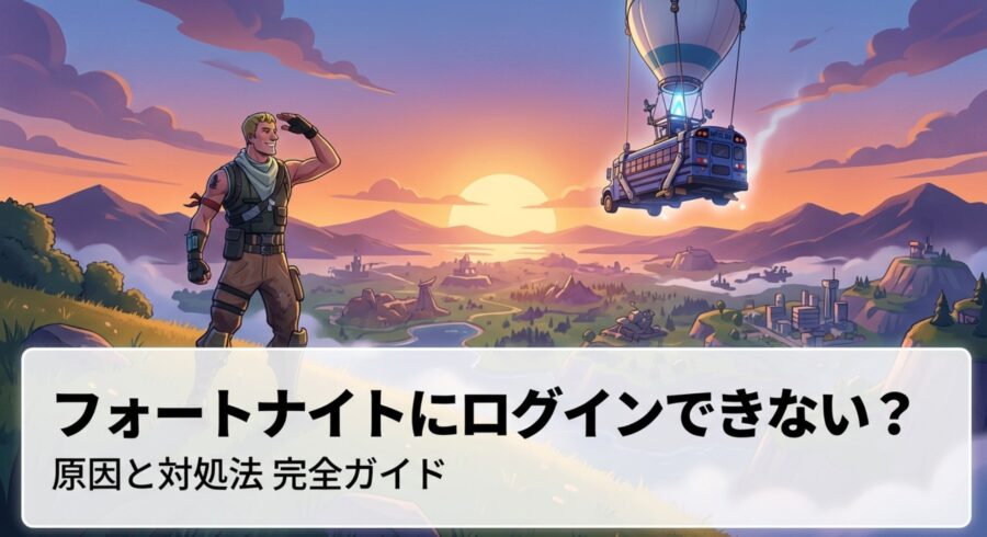 フォートナイトのバトルバスのイラストと「ログインできない？原因と対処法完全ガイド」というタイトル文字