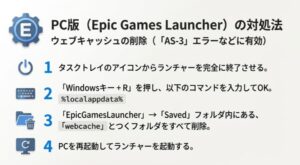 Epic Gamesの設定アイコンと、PC内のwebcacheフォルダを削除する手順の解説