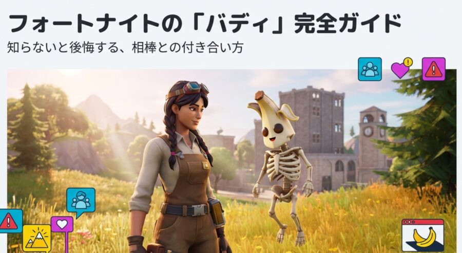 フォートナイトのスキンとユニークなバディたちが草原に並んでいるアイキャッチ画像