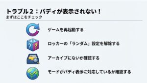 バディが表示されない時に確認すべき4つの項目(再起動、ランダム解除、アーカイブ確認、モード確認)