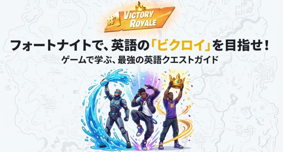 フォートナイトのビクロイ画面とキャラクターたちが描かれた英語学習ガイドのイメージイラスト