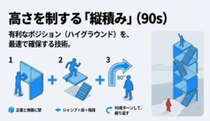 フォートナイトの建築テクニック「縦積み(90s)」の手順。壁、ジャンプ、床、階段を組み合わせて高さを取る方法