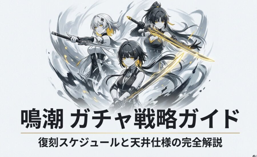 鳴潮のキャラクター3名が描かれたガチャ戦略ガイドの表紙イラスト