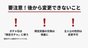 ガチャ石の使い道、限定武器の交換、主人公の性別選択など、後から変更できない要素の警告