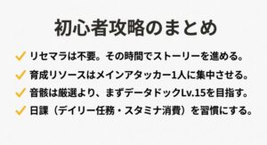 リセマラ不要、一点集中育成、データドックLv15目標など、記事の重要ポイントをまとめたリスト