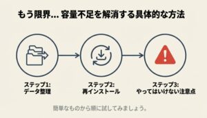容量不足解消のフローチャート。ステップ1はデータ整理、ステップ2は再インストール、ステップ3は注意点。