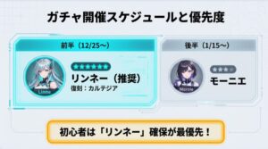 鳴潮Ver3.0のガチャスケジュール。前半のリンネーと後半のモーニエのイラスト。