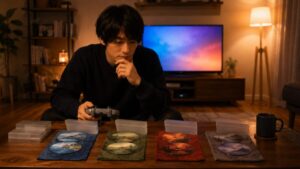 冒険、物語、アクション、レースの異なるゲーム体験を描いたパノラマイラスト