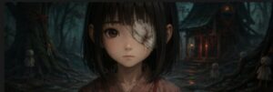 包帯で片目を隠した少女が、不気味な森と祠の前に立つ、日本風ホラーの幻想的な場面