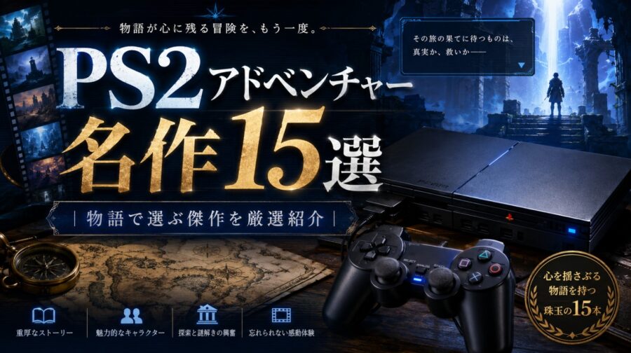 PS2アドベンチャー名作15選を紹介するイメージ。ゲーム機とコントローラー、幻想的な遺跡を背景に物語重視の傑作を表現
