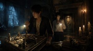 古い洋館で機械仕掛けの謎を調べる日本人男女を描いたミステリー系PS2アドベンチャーゲーム風の場面