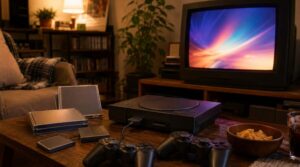 レトロゲーム機の本体、コントローラー、メモリーカード、接続ケーブル、ディスク