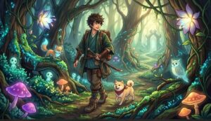 生命の復活を感じさせる、魔法の森で動物たちと歩く冒険者のイメージイラスト