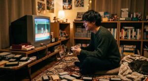 中古のスーパーファミコンソフトなどレトロゲームをブラウン管テレビで遊ぶ男性のイメージ画像