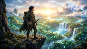 アクションRPG『天地創造』の世界観を表現した、ファンタジー風の壮大な自然を見下ろす冒険者のイメージイラスト