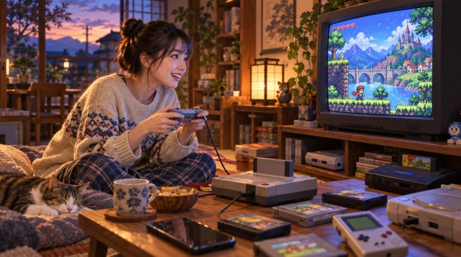 レトロゲーム機やカセットが並ぶ部屋で、日本人女性がブラウン管テレビのドット絵ゲームを楽しむ様子
