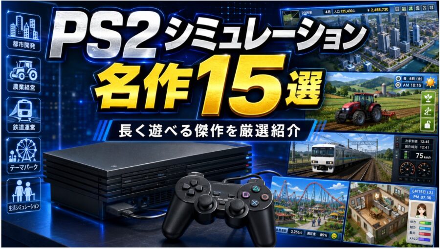 PS2風ゲーム機とコントローラー、都市開発・農業・鉄道・テーマパークなどのシミュレーションゲーム画面を配置した「PS2シミュレーション名作15選」の紹介画像