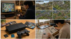 PS2シミュレーションを遊びながらゲーム機、ディスク、メモリーカード、説明書を確認する日本人男性