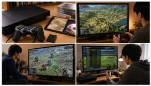 PS2の歴史シミュレーション、ロボット戦術、サッカー育成ゲームを遊ぶ日本人男性とゲーム機