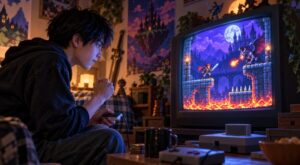 高難度のレトロゲームに集中して挑戦する日本人の若者