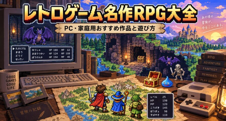 PC・家庭用の名作レトロRPGを特集。懐かしいドット絵の冒険世界とレトロゲーム機をイメージしたビジュアルです。
