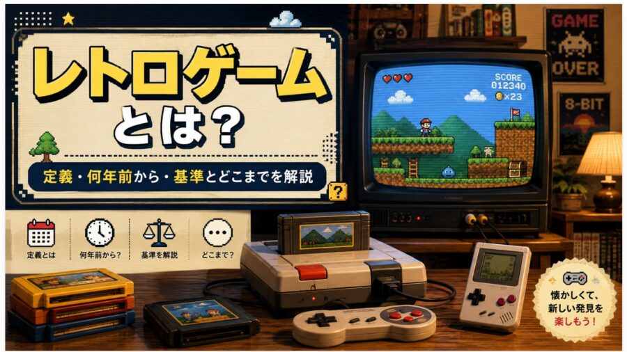 レトロゲームとは何かを解説するイメージ。ブラウン管テレビ、ゲーム機、カセット、携帯ゲーム機と「定義・何年前から・基準とどこまでを解説」の文字。
