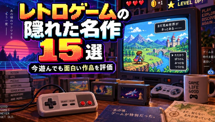 レトロゲームの隠れた名作15選を紹介するイメージ。CRTテレビに映るドット絵RPG、レトロゲーム機のコントローラーやカートリッジが並ぶ懐かしいゲーム空間。