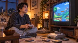 レトロゲームをCRTテレビで楽しみながら懐かしさに浸る日本人男性
