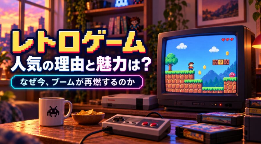 レトロゲーム機やブラウン管テレビ、カセット、コントローラーが並ぶ懐かしいゲーム部屋。レトロゲーム人気の理由と魅力、再ブームを表現したイメージ。