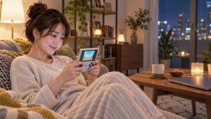 自宅で手軽にレトロゲームを楽しむ日本人女性と携帯ゲーム機